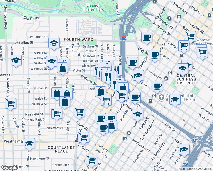 map of restaurants, bars, coffee shops, grocery stores, and more near 2000 Baldwin Street in Houston