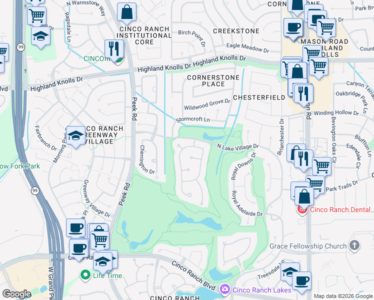 map of restaurants, bars, coffee shops, grocery stores, and more near 22802 2 Rivers Lane in Katy