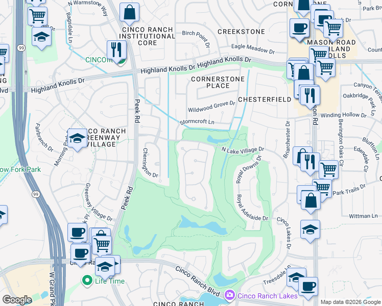 map of restaurants, bars, coffee shops, grocery stores, and more near 22802 2 Rivers Lane in Katy