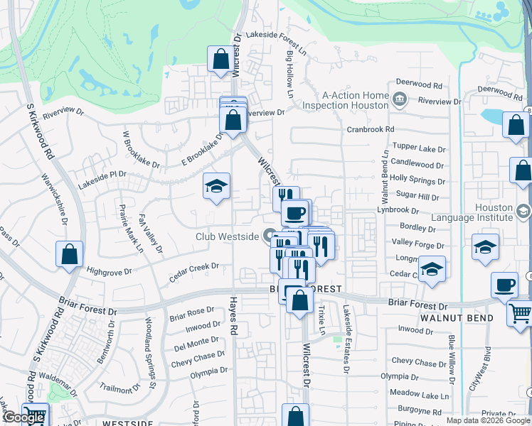 map of restaurants, bars, coffee shops, grocery stores, and more near 1515 Sandy Springs Road in Houston