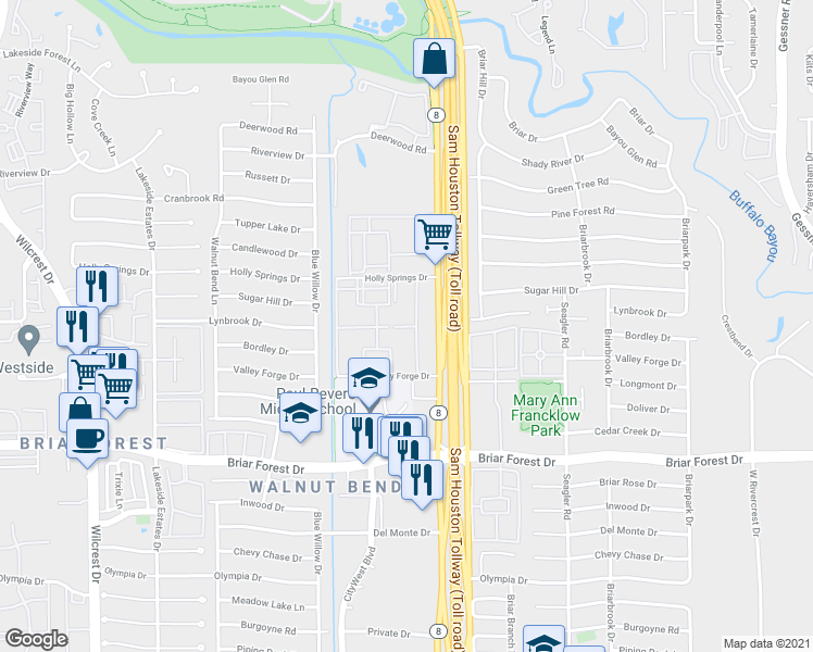 map of restaurants, bars, coffee shops, grocery stores, and more near 800 Texas 8 Beltway in Houston
