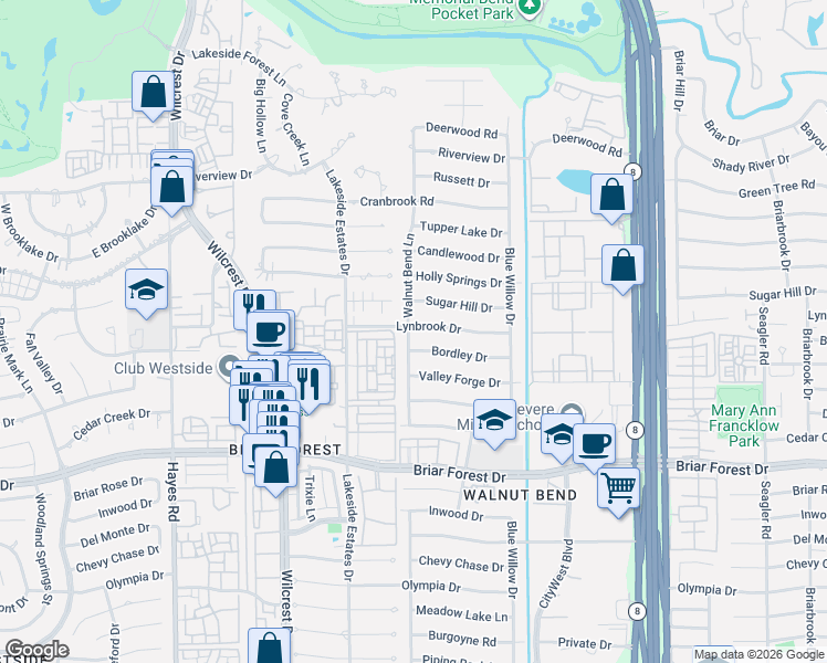 map of restaurants, bars, coffee shops, grocery stores, and more near 10726 Lynbrook Drive in Houston