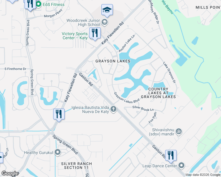 map of restaurants, bars, coffee shops, grocery stores, and more near 1418 Baldridge Lane in Katy