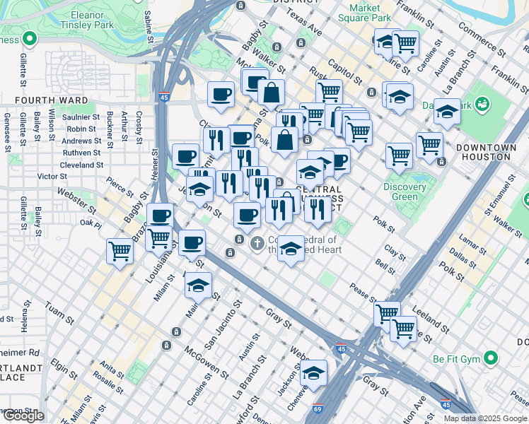 map of restaurants, bars, coffee shops, grocery stores, and more near 1625 Main Street in Houston