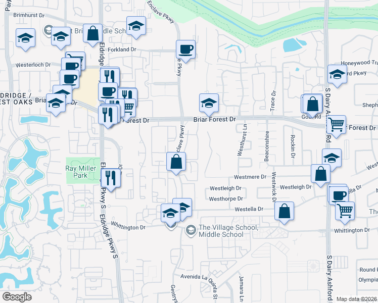 map of restaurants, bars, coffee shops, grocery stores, and more near 12951 Briar Forest Drive in Houston