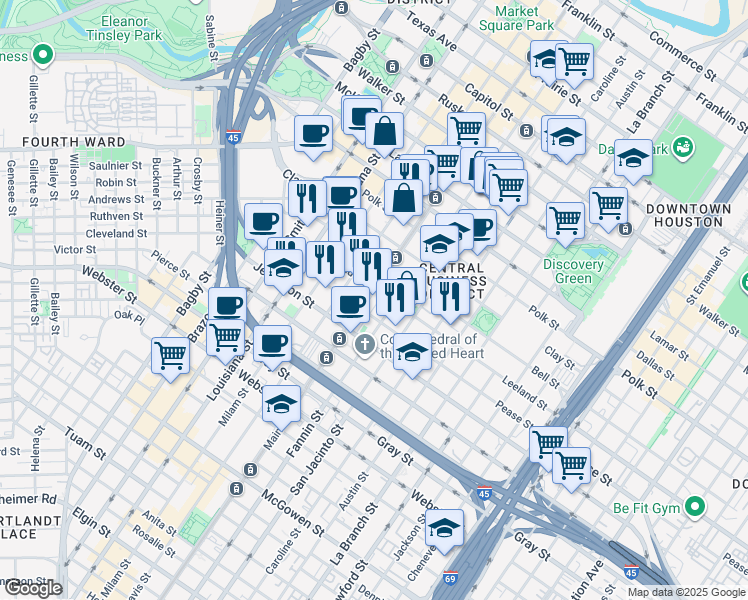 map of restaurants, bars, coffee shops, grocery stores, and more near in Houston
