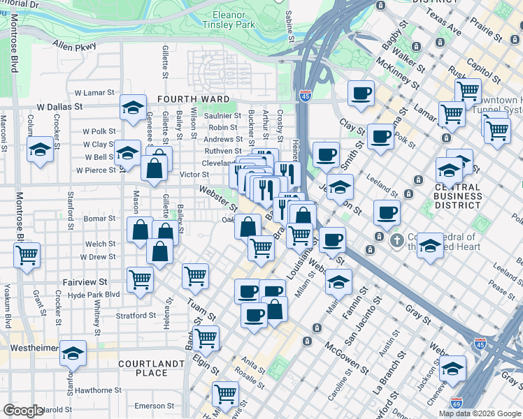 map of restaurants, bars, coffee shops, grocery stores, and more near 306 Gray Street in Houston