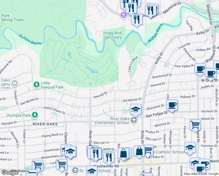 map of restaurants, bars, coffee shops, grocery stores, and more near 3232 Inwood Drive in Houston