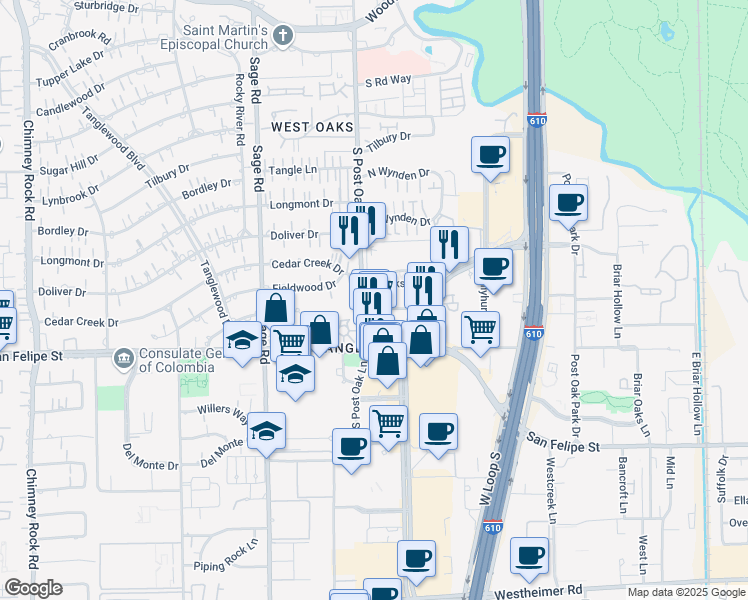 map of restaurants, bars, coffee shops, grocery stores, and more near 1400 Post Oak Boulevard in Houston