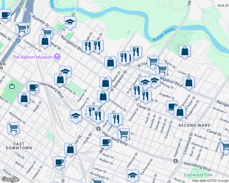 map of restaurants, bars, coffee shops, grocery stores, and more near 3326 Canal Street in Houston