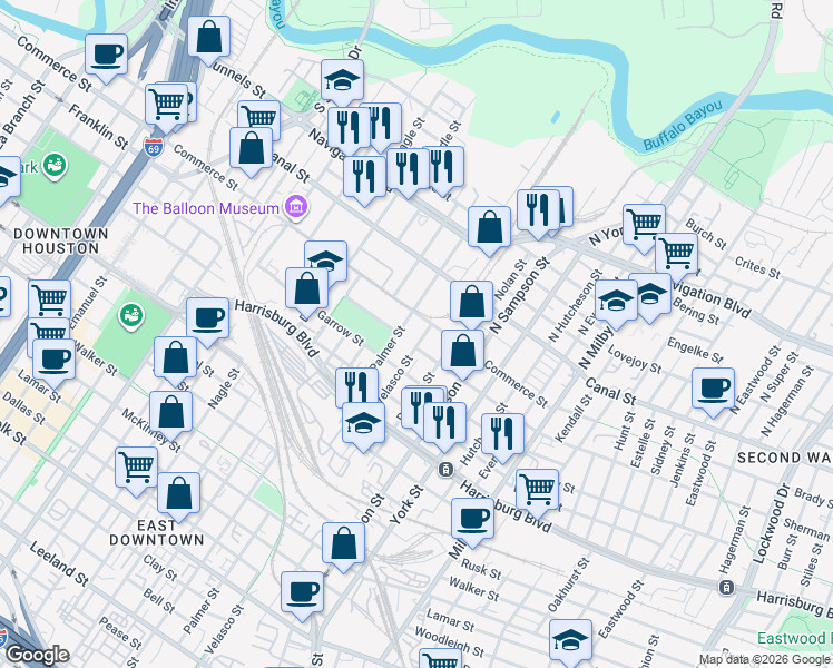 map of restaurants, bars, coffee shops, grocery stores, and more near 111 Palmer Street in Houston