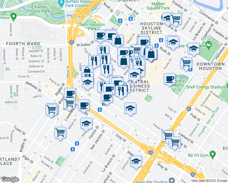 map of restaurants, bars, coffee shops, grocery stores, and more near 1500 Main street in Houston