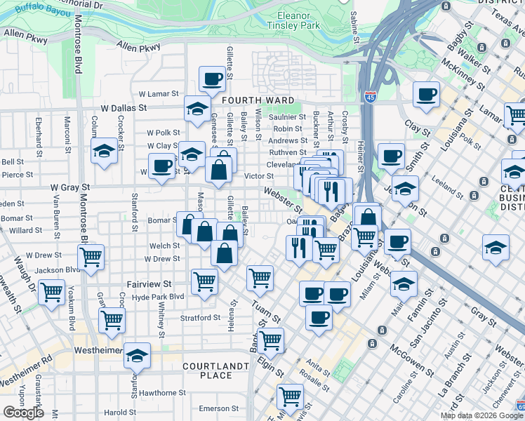 map of restaurants, bars, coffee shops, grocery stores, and more near 1806 Matthews Street in Houston