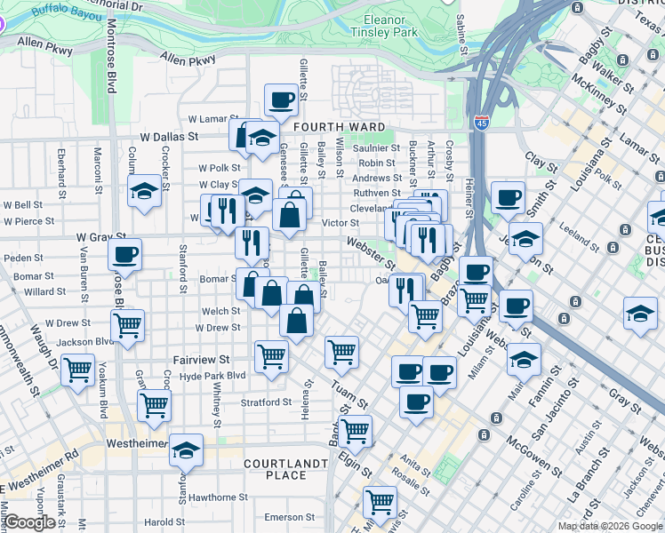 map of restaurants, bars, coffee shops, grocery stores, and more near 1807 Bailey Street in Houston