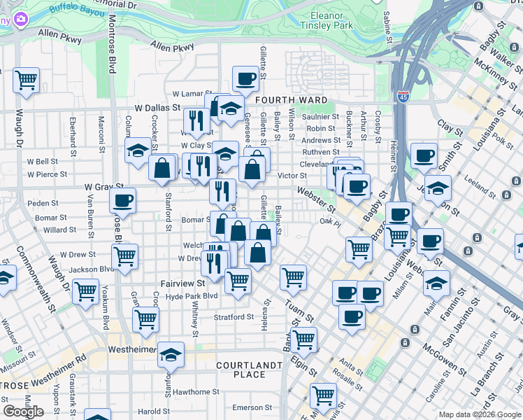 map of restaurants, bars, coffee shops, grocery stores, and more near 1617 Oneil Street in Houston