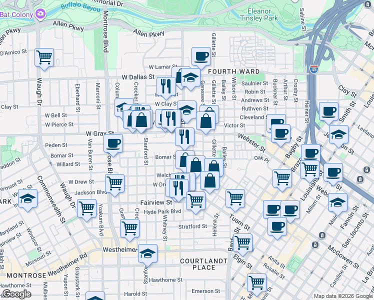 map of restaurants, bars, coffee shops, grocery stores, and more near 1804 Mason Street in Houston