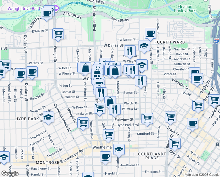 map of restaurants, bars, coffee shops, grocery stores, and more near 715 Peden Street in Houston