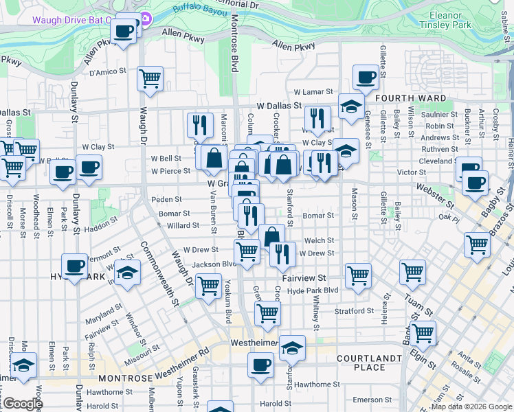 map of restaurants, bars, coffee shops, grocery stores, and more near 927 Peden Street in Houston