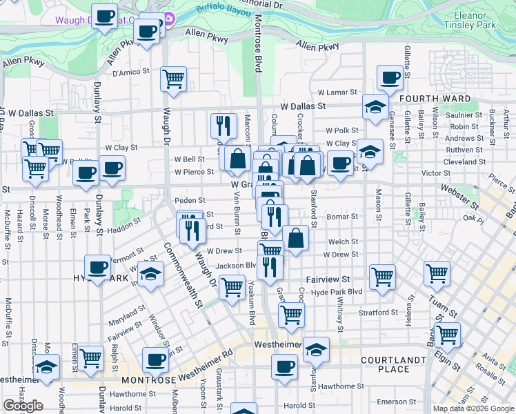 map of restaurants, bars, coffee shops, grocery stores, and more near 1101-1109 Peden Street in Houston