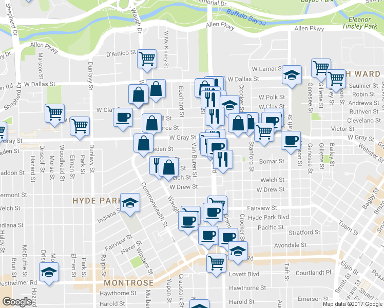 map of restaurants, bars, coffee shops, grocery stores, and more near 1206 Peden Street in Houston