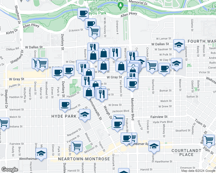map of restaurants, bars, coffee shops, grocery stores, and more near 1245 Peden Street in Houston