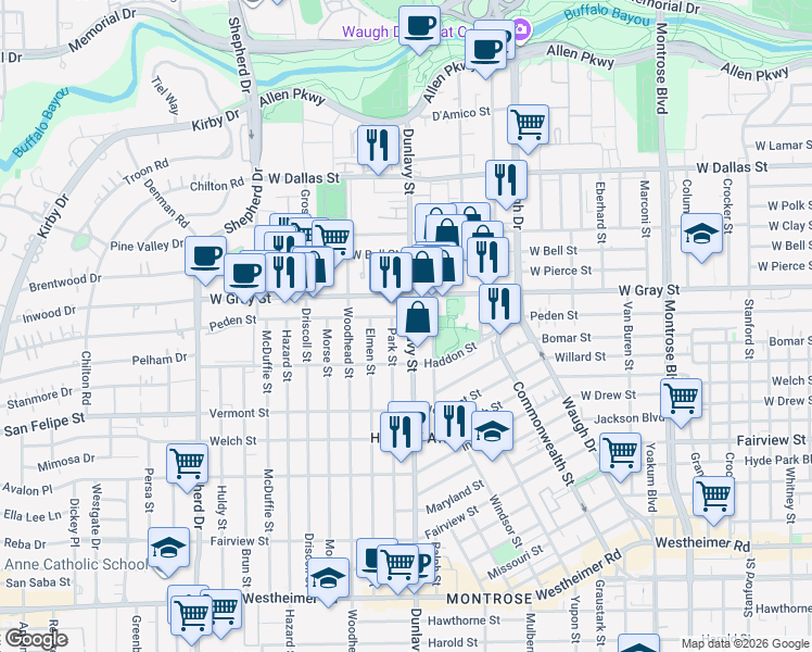 map of restaurants, bars, coffee shops, grocery stores, and more near 1919 West Gray Street in Houston