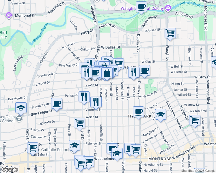 map of restaurants, bars, coffee shops, grocery stores, and more near 1977 West Gray Street in Houston