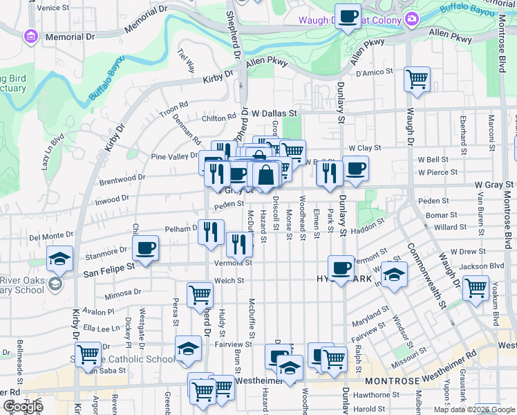 map of restaurants, bars, coffee shops, grocery stores, and more near 1977 West Gray Street in Houston