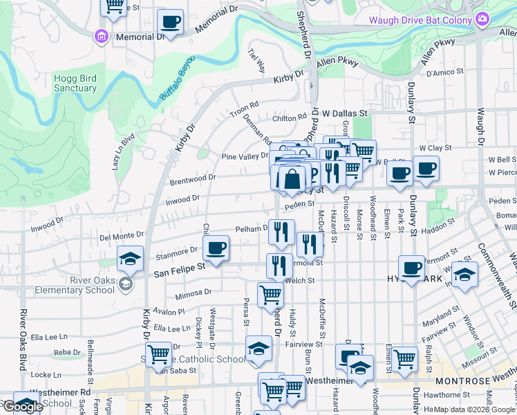 map of restaurants, bars, coffee shops, grocery stores, and more near 2127 Inwood Drive in Houston