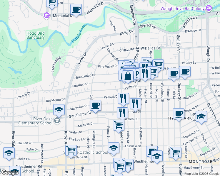 map of restaurants, bars, coffee shops, grocery stores, and more near 2127 Inwood Drive in Houston