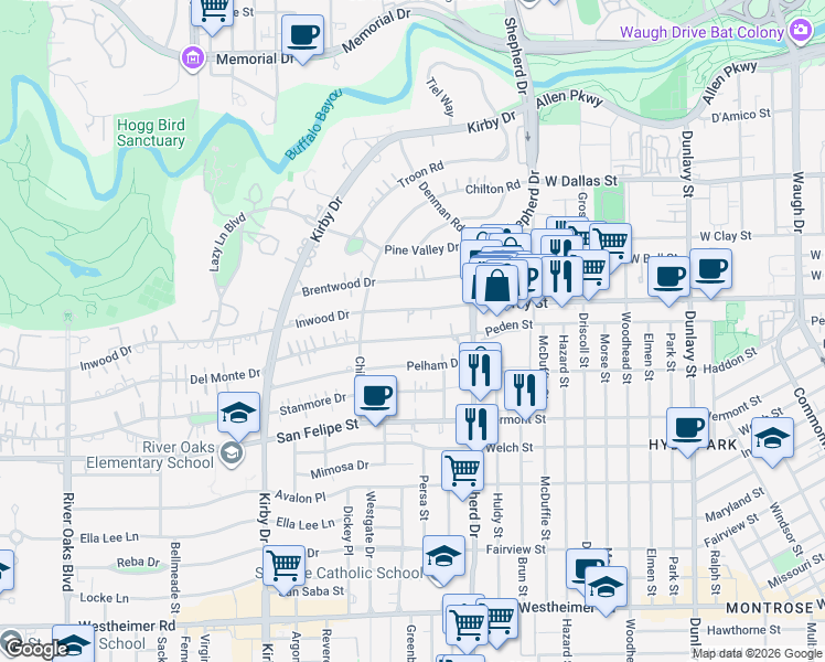 map of restaurants, bars, coffee shops, grocery stores, and more near 2205 Inwood Drive in Houston