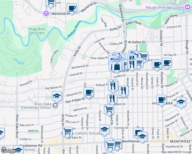 map of restaurants, bars, coffee shops, grocery stores, and more near 2205 Inwood Drive in Houston