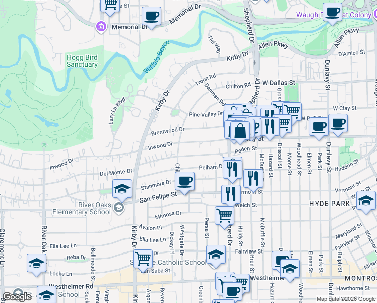 map of restaurants, bars, coffee shops, grocery stores, and more near 2205 Inwood Drive in Houston