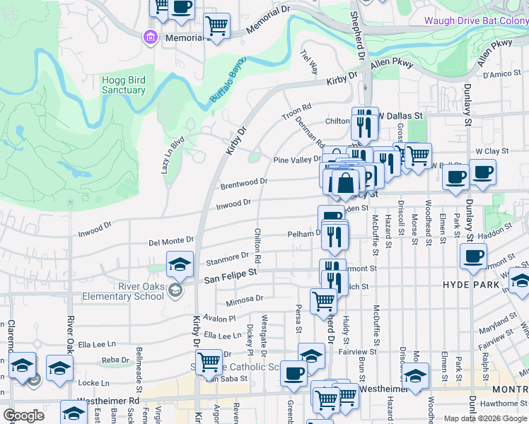 map of restaurants, bars, coffee shops, grocery stores, and more near 2241 Inwood Drive in Houston