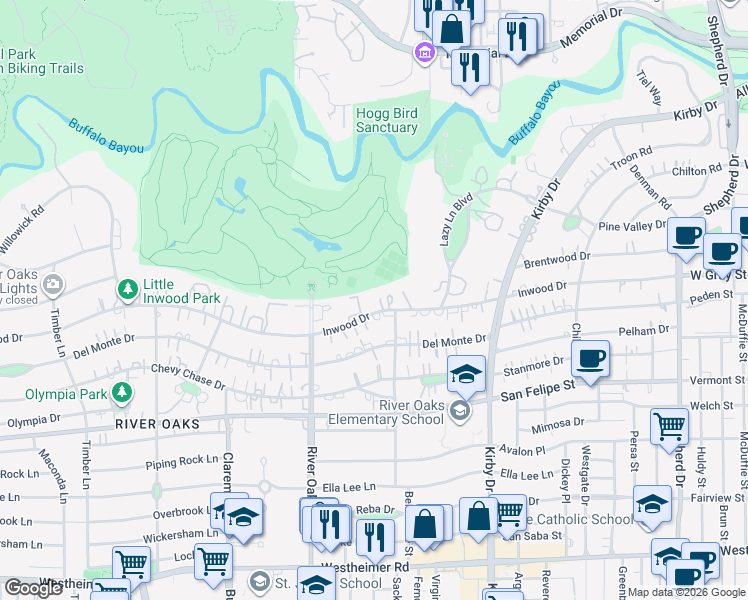 map of restaurants, bars, coffee shops, grocery stores, and more near 3232 Inwood Dr in Houston
