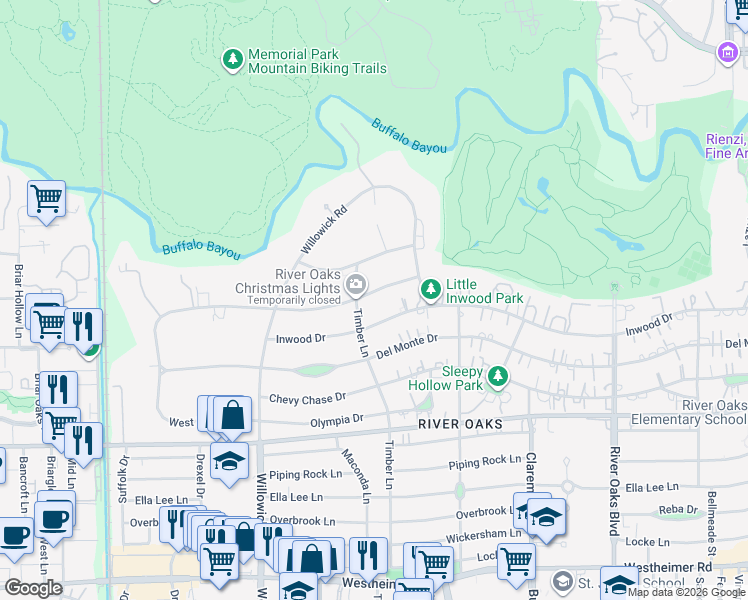 map of restaurants, bars, coffee shops, grocery stores, and more near 3664 Inverness Drive in Houston