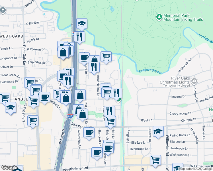 map of restaurants, bars, coffee shops, grocery stores, and more near 84 Audubon Hollow Lane in Houston