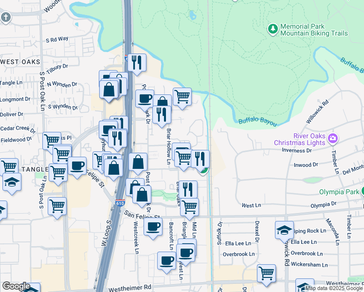 map of restaurants, bars, coffee shops, grocery stores, and more near 84 Audubon Hollow Lane in Houston