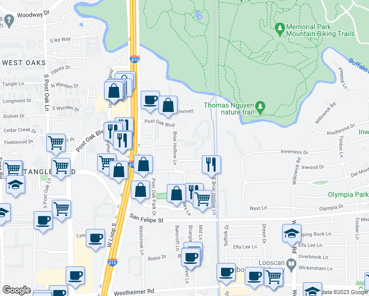map of restaurants, bars, coffee shops, grocery stores, and more near 84 Audubon Hollow Lane in Houston