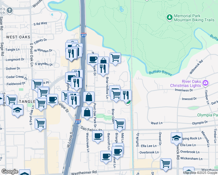 map of restaurants, bars, coffee shops, grocery stores, and more near 4510 Briar Hollow Place in Houston