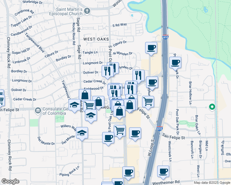 map of restaurants, bars, coffee shops, grocery stores, and more near 5007 Cedar Creek Drive in Houston