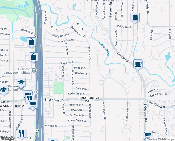 map of restaurants, bars, coffee shops, grocery stores, and more near 815 Briarpark Drive in Houston
