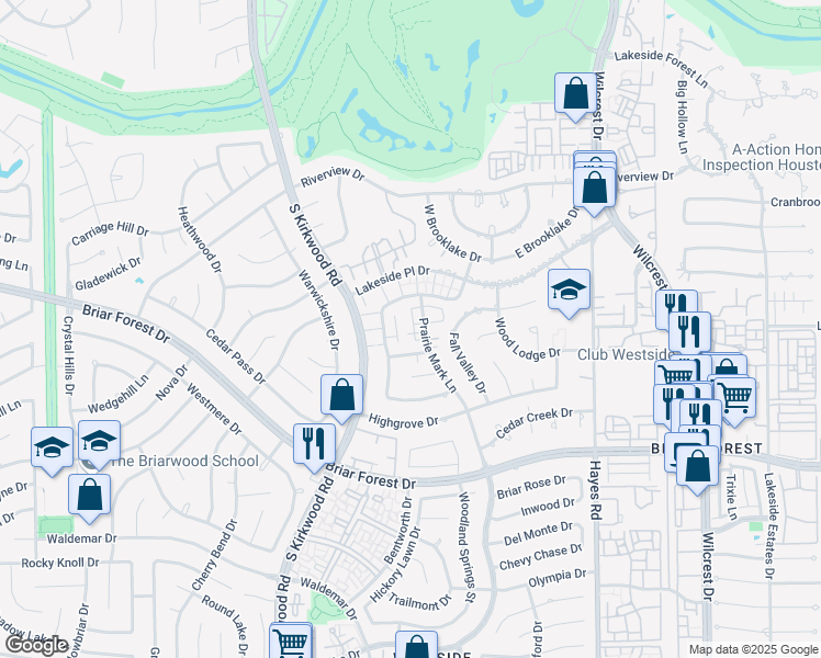map of restaurants, bars, coffee shops, grocery stores, and more near 1627 Prairie Mark Lane in Houston