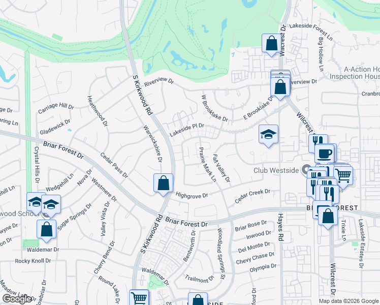 map of restaurants, bars, coffee shops, grocery stores, and more near 1613 Prairie Grove Drive in Houston