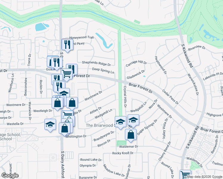map of restaurants, bars, coffee shops, grocery stores, and more near 1508 Village Green Court in Houston