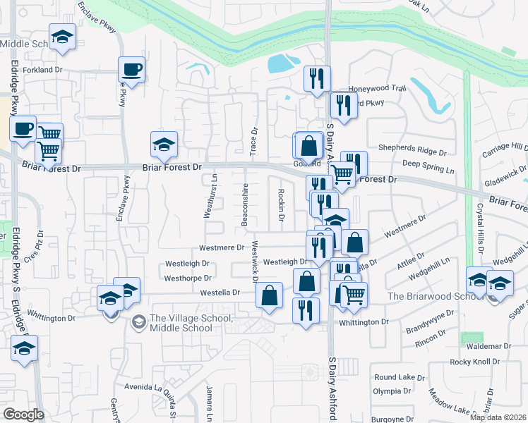 map of restaurants, bars, coffee shops, grocery stores, and more near 1546 Ainsdale Drive in Houston