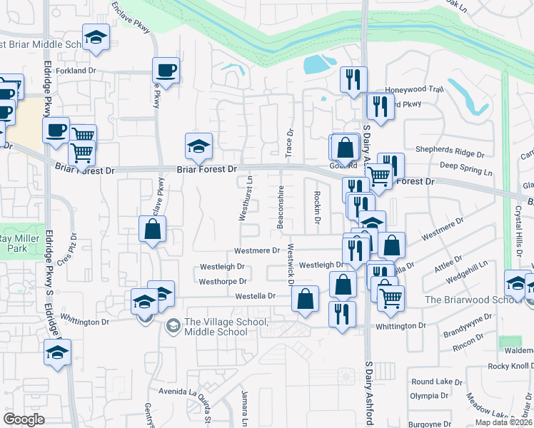 map of restaurants, bars, coffee shops, grocery stores, and more near 1604 West Broadbury in Houston