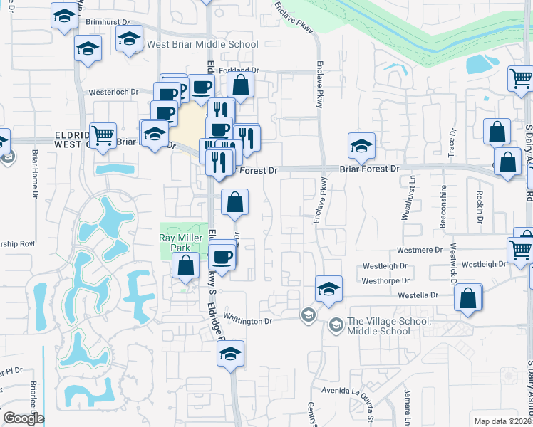 map of restaurants, bars, coffee shops, grocery stores, and more near 1550 Lakeside Enclave Drive in Houston