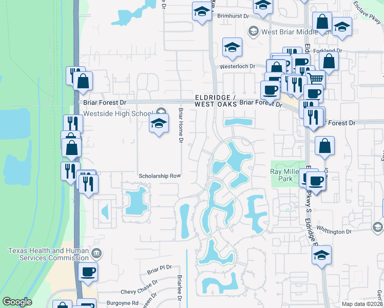 map of restaurants, bars, coffee shops, grocery stores, and more near 13907 Ashbury Park Court in Houston