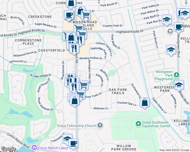 map of restaurants, bars, coffee shops, grocery stores, and more near 2014 Edendale Circle in Katy